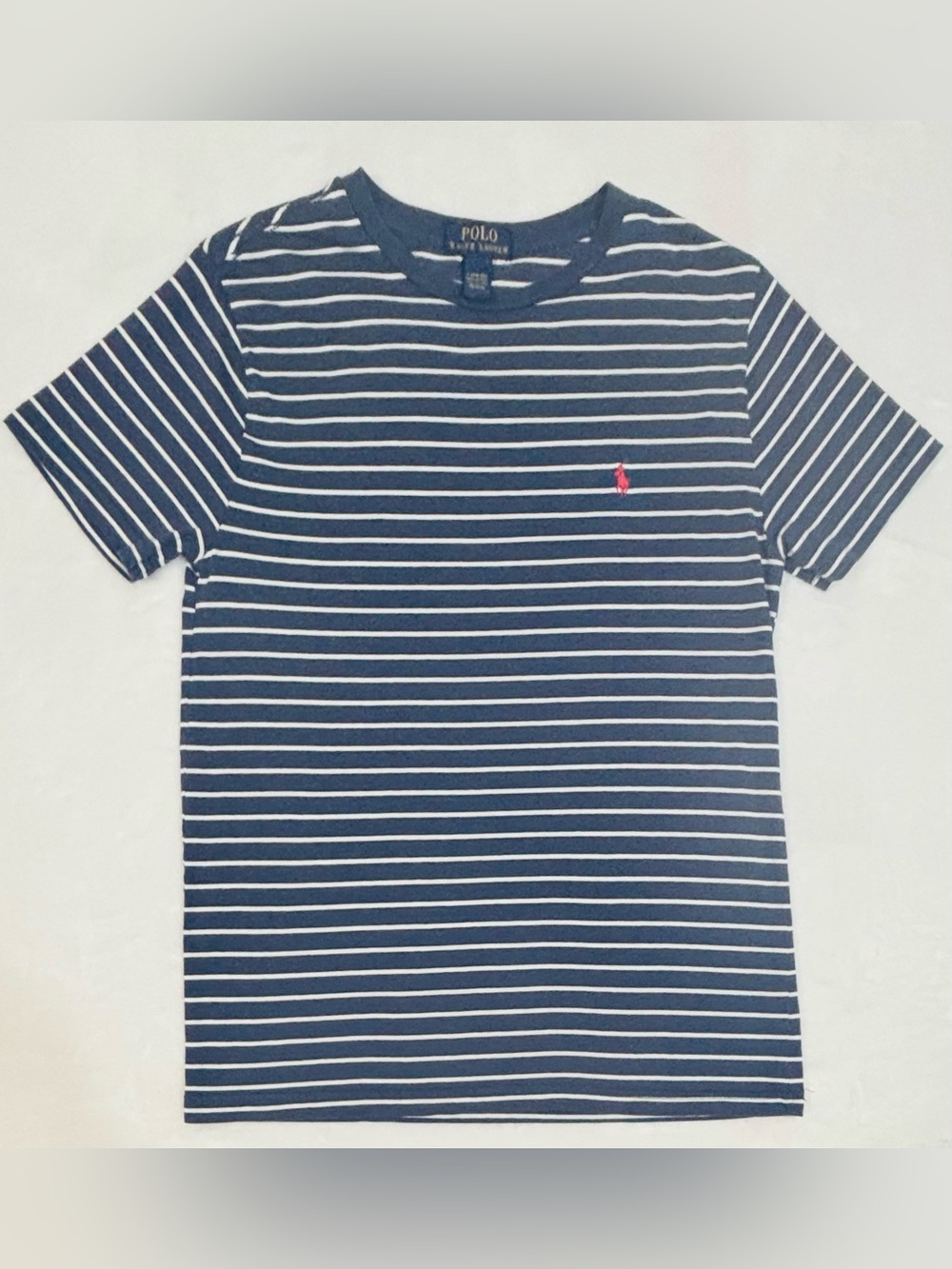 Polo by Ralph Lauren Navy & White Striped Crew Neck Tee with Pink Logo